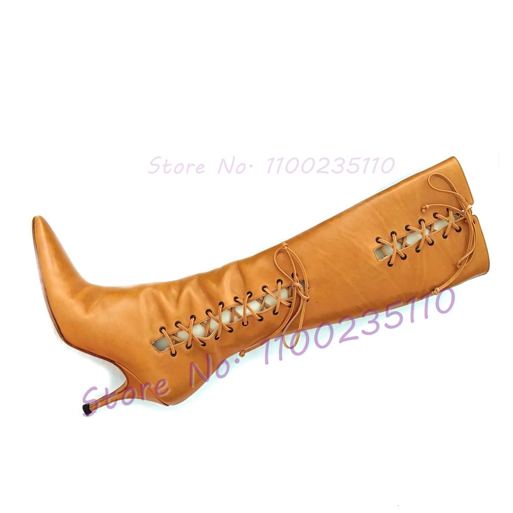 Tan Cross Tied Knee High Boots - Crossfit Outfit avaliação e preço