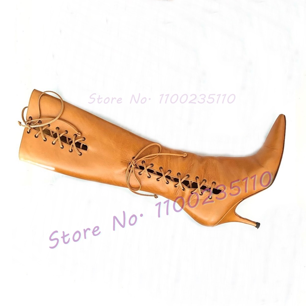 Tan Cross Tied Knee High Boots - Crossfit Outfit avaliação e preço