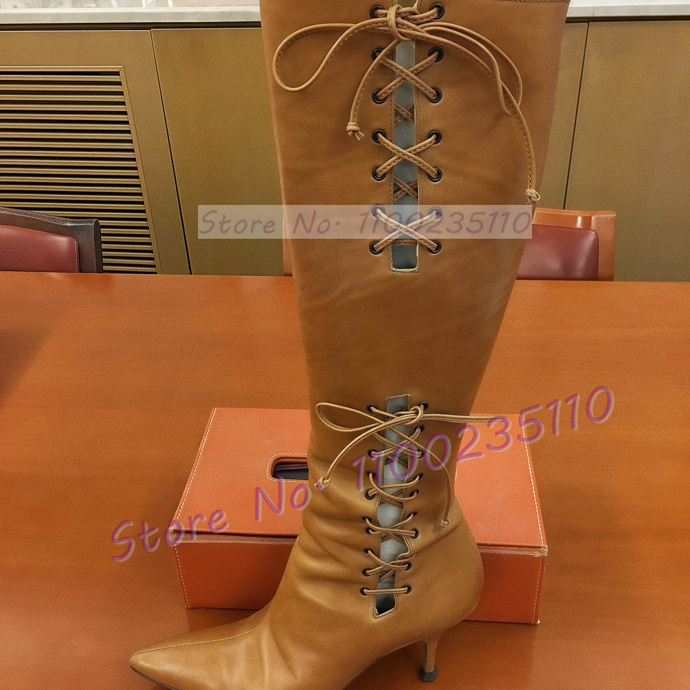 Tan Cross Tied Knee High Boots - Crossfit Outfit avaliação e preço